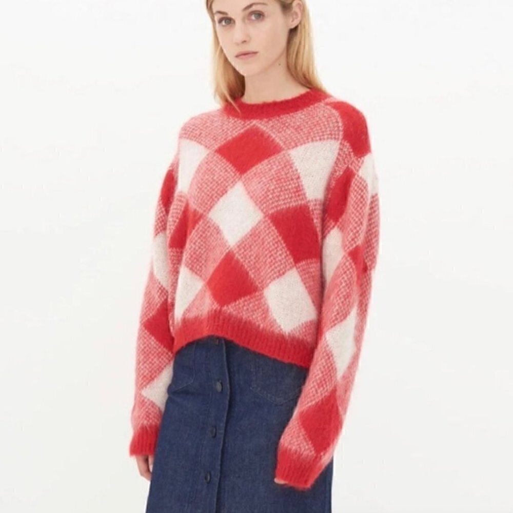 Sandro Red Sparks Diamond Plaid Mohair Sweater